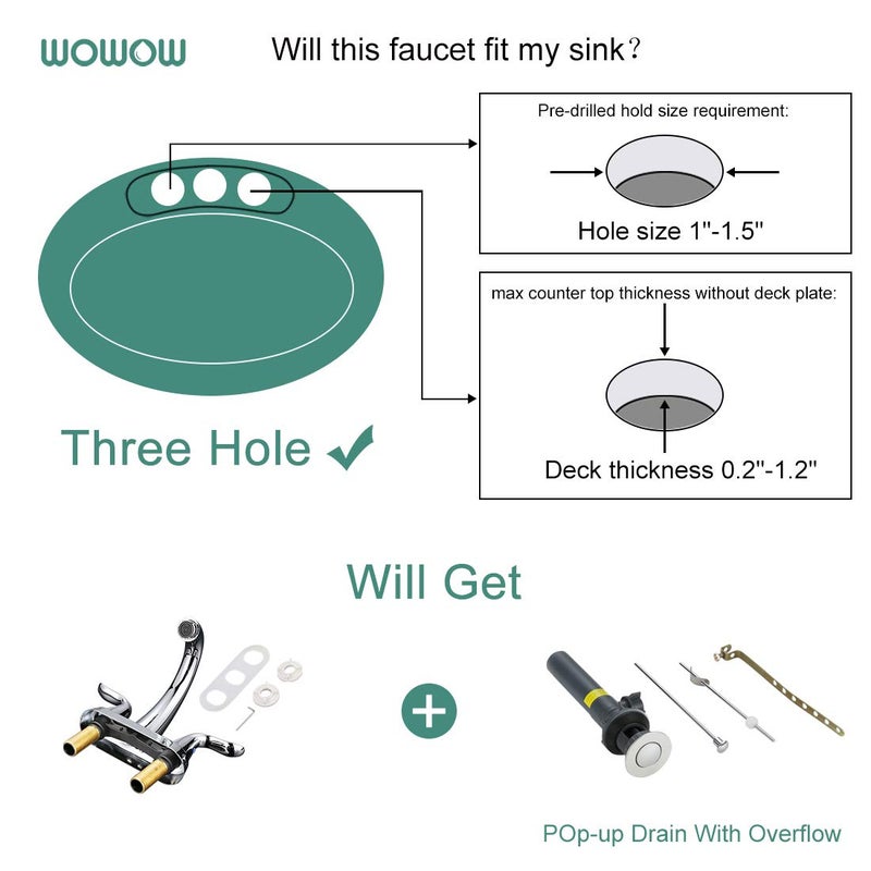 WOWOW Bathroom Faucet 2 Handle 4 Inch Centerset Bathroom Sink Faucet Lead-Free Basin Mixer Tap Lift Rod Drain Stopper, Two-Handle Center-Set Lavatory Faucet Chrome - Image 4
